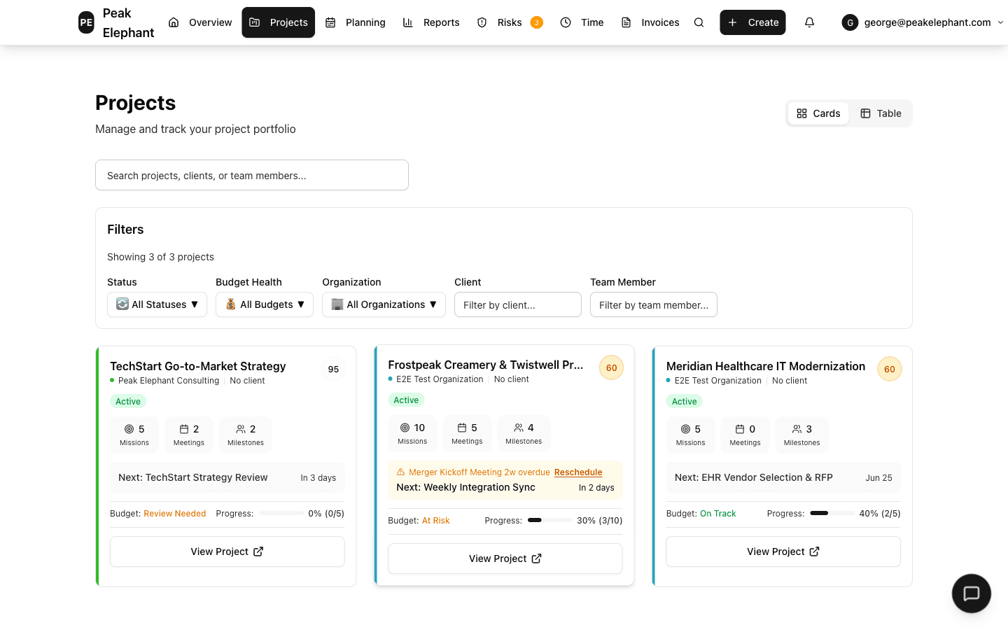 Peak Elephant dashboard showing three client engagements with budget bars, health scores, and an at-risk flag