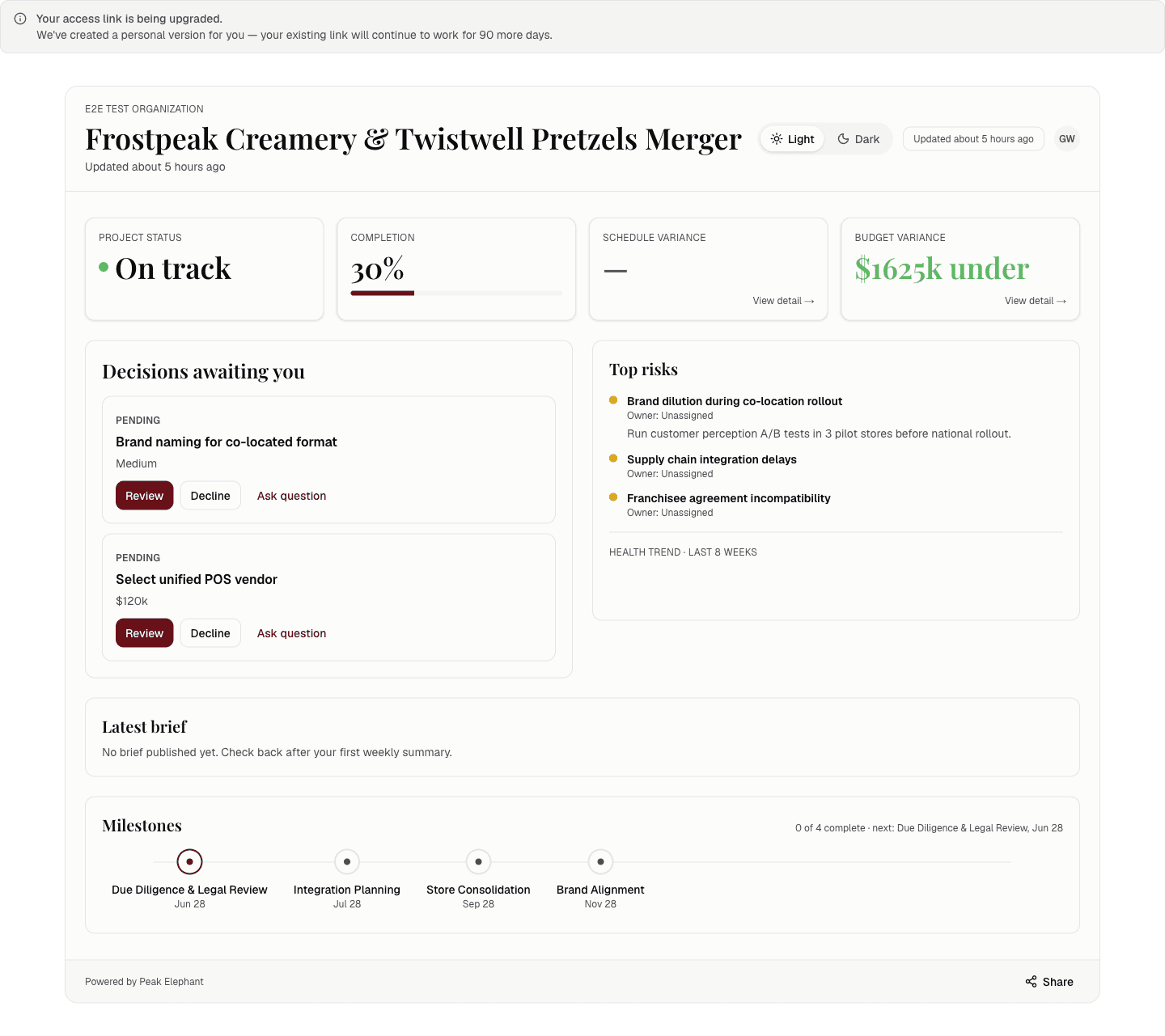 Client portal showing project status, pending decisions, and top risks